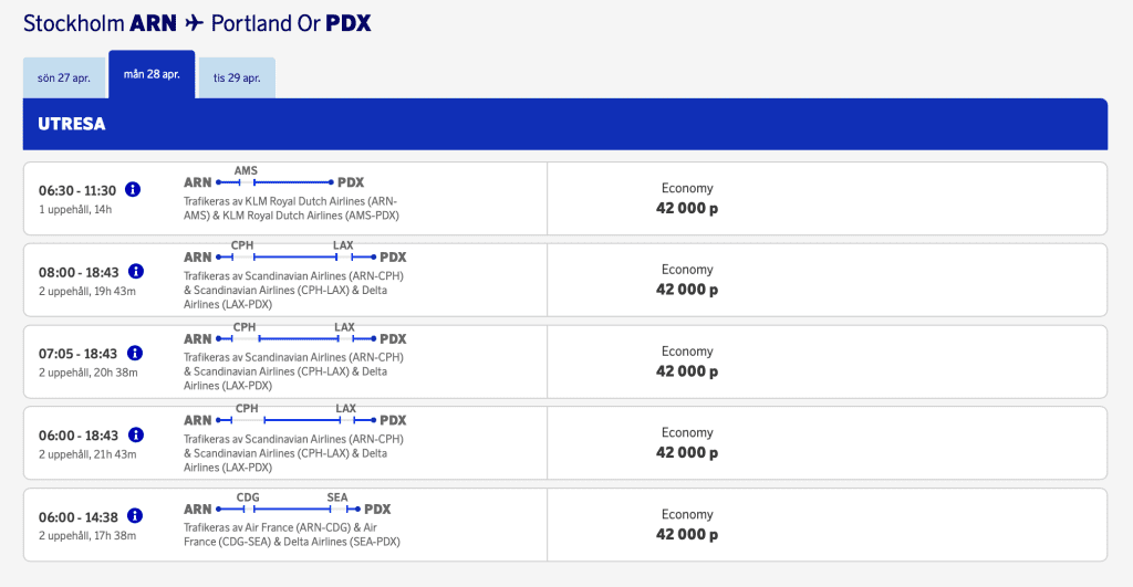 Endast economy-platser mellan Stockholm och Portland