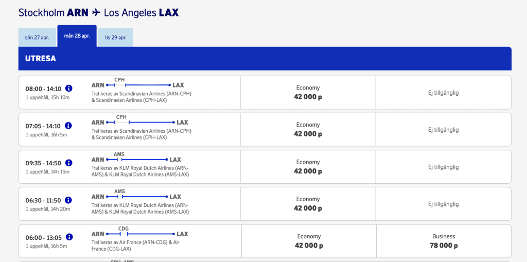 Det finns platser i Business Class med Air France från Stockholm till Los Angeles