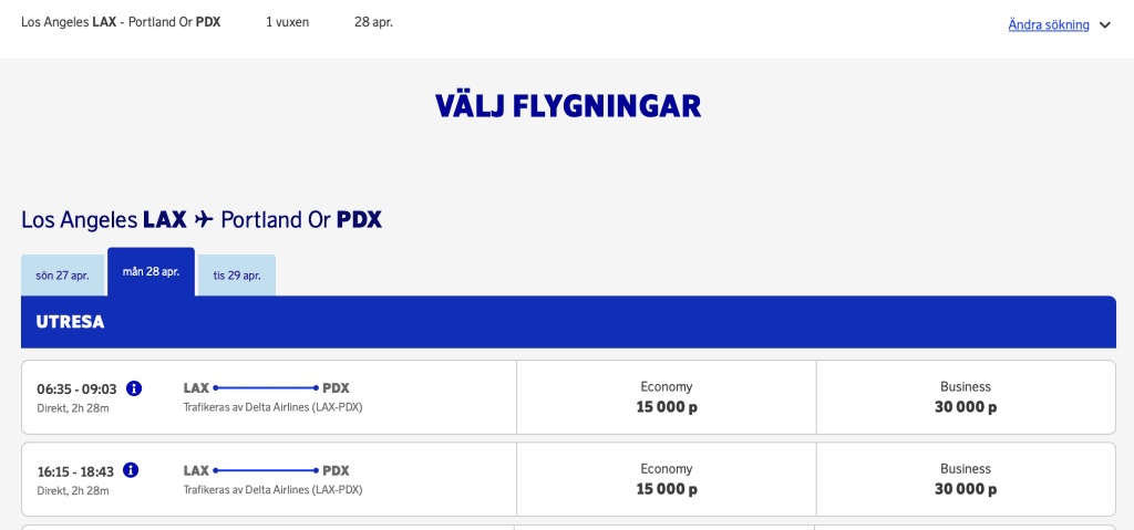 Det finns platser med Delta mellan Los Angeles och Portland i business class